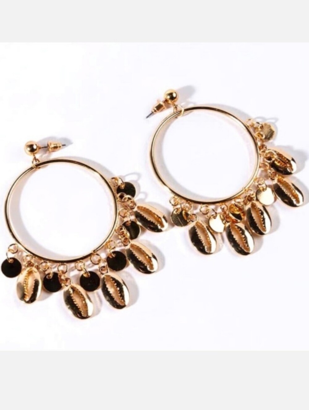 Callie Lives Akira Gold Seashell Dangling Disc Hoop Earrings